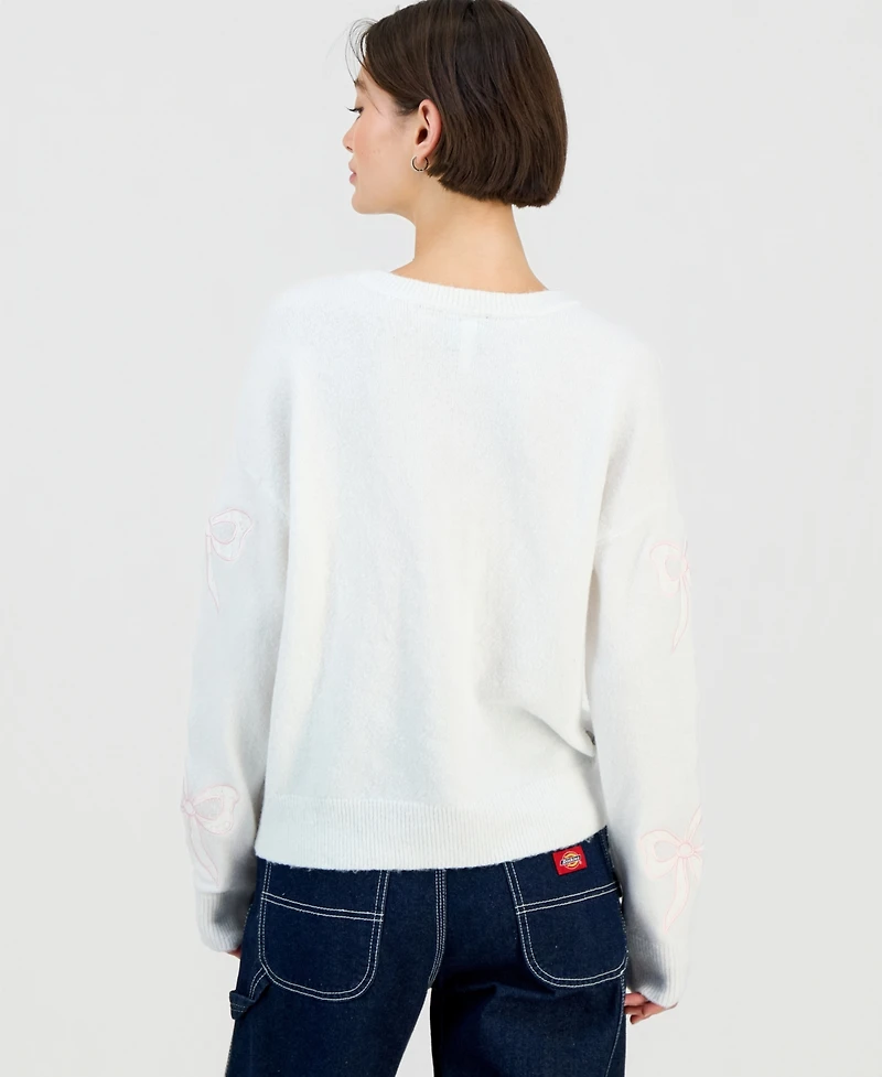 Planet Heart Juniors' Long-Sleeve Drop-Shoulder Lace Bow Crewneck Sweater