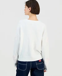 Planet Heart Juniors' Long-Sleeve Drop-Shoulder Lace Bow Crewneck Sweater