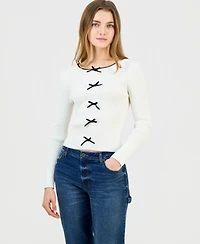Madden Girl Juniors' Crewneck Bow-Trim Long-Sleeve Sweater