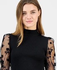 Madden Girl Juniors' Mock-Neck Mesh Floral Flocked-Sleeve Top