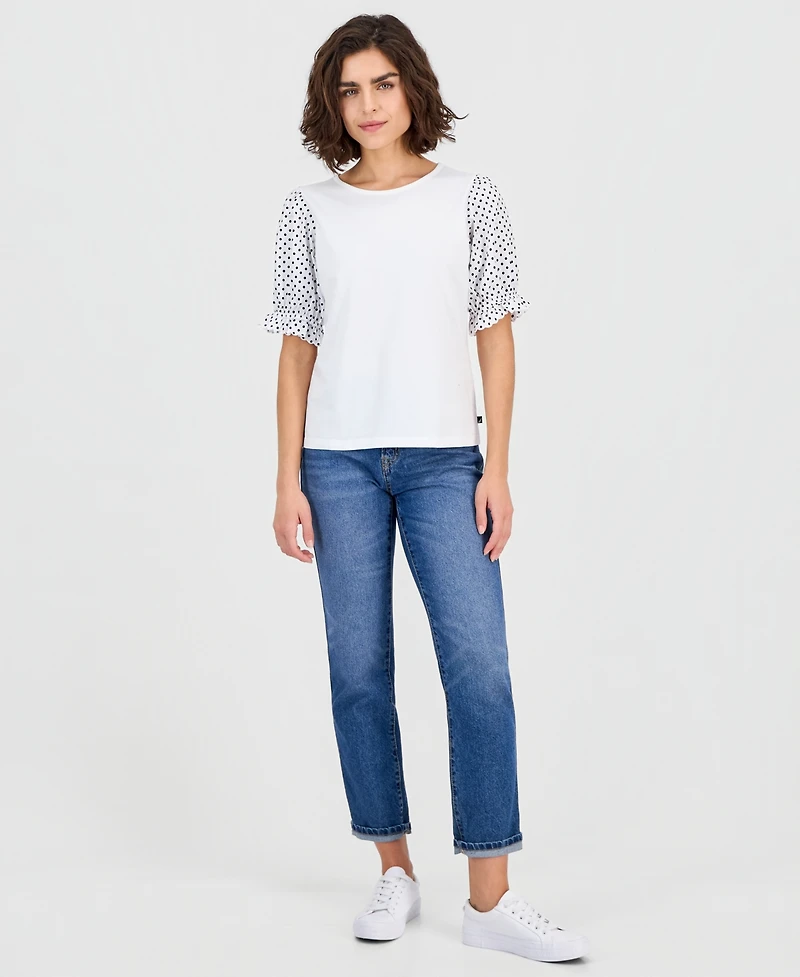 Nautica Jeans Women's Round-Neck Contrast-Puff-Sleeve Top
