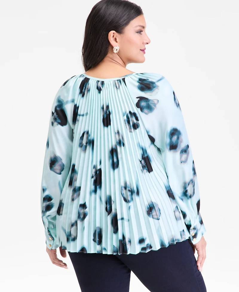 I.n.c. International Concepts Plus Printed Pleated Split-Neck Blouse, Macy's Exclusive