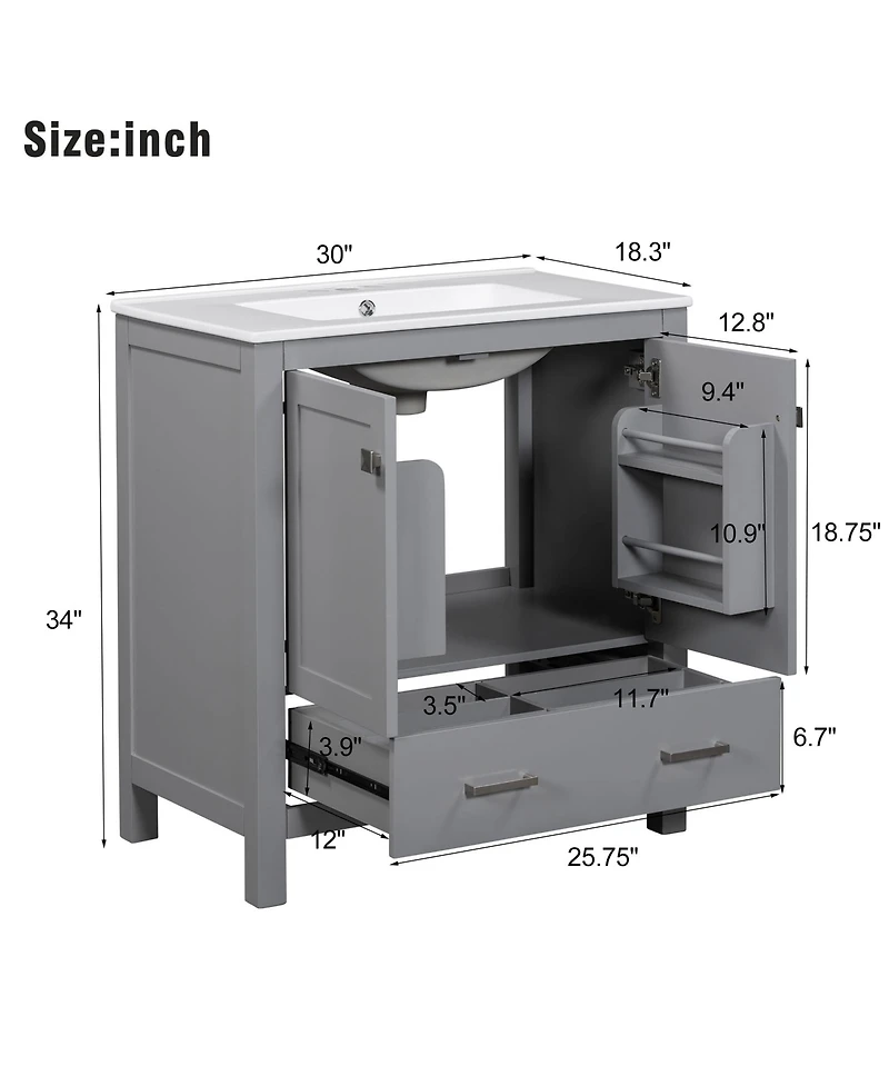Lovmor 30inch Gray Bathroom Vanity with Single Sink Combo Cabinet Undermount Sink Bathroom Storage Cabinet with 2 Doors