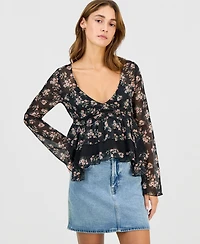 Self Esteem Juniors' Long-Sleeve Hanky-Hem Woven Top