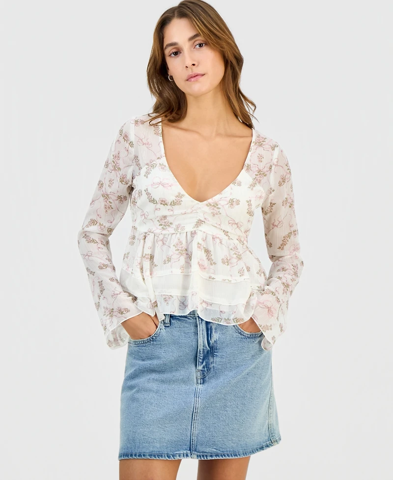 Self Esteem Juniors' Long-Sleeve Hanky-Hem Woven Top