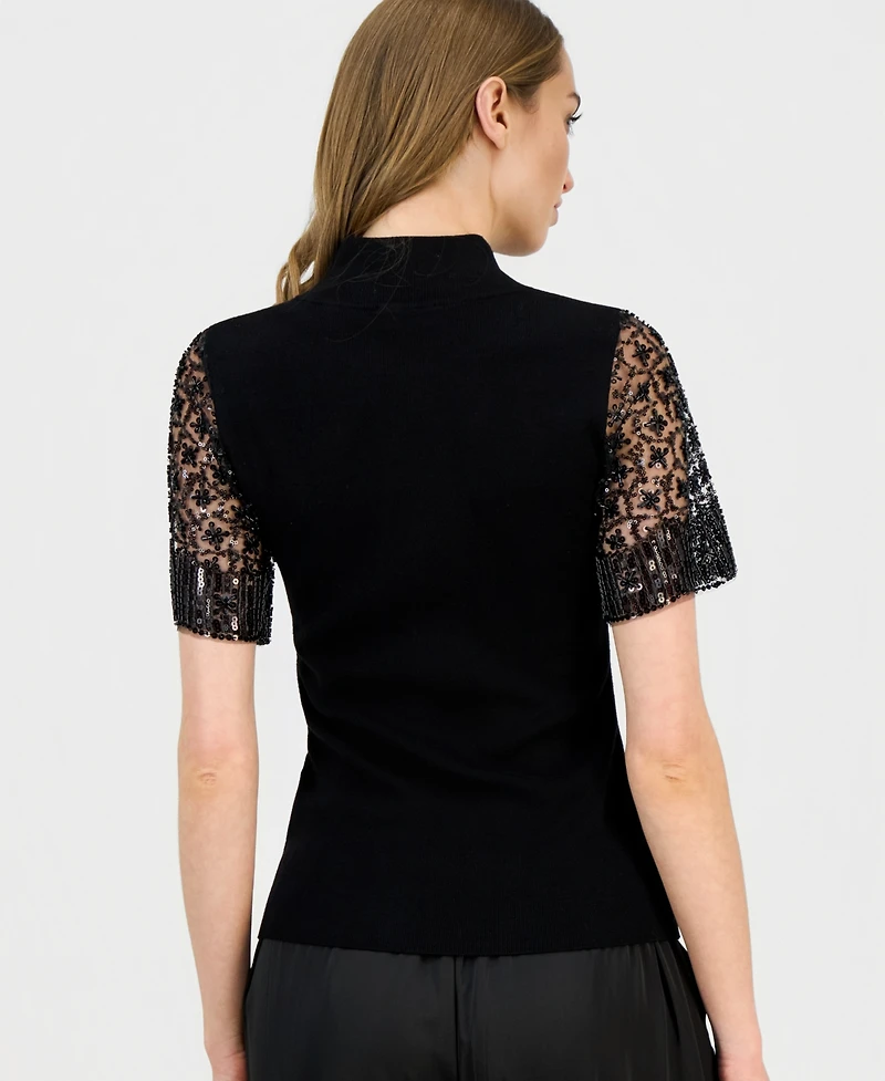 T Tahari Women's Beaded-Sleeve Mock Neck Sweater