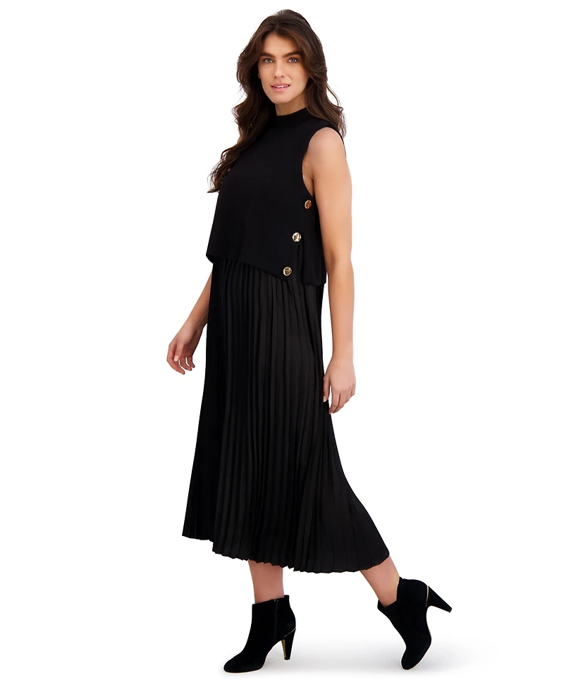 London Times Petite Pleated Knit Mock Neck Midi Dress