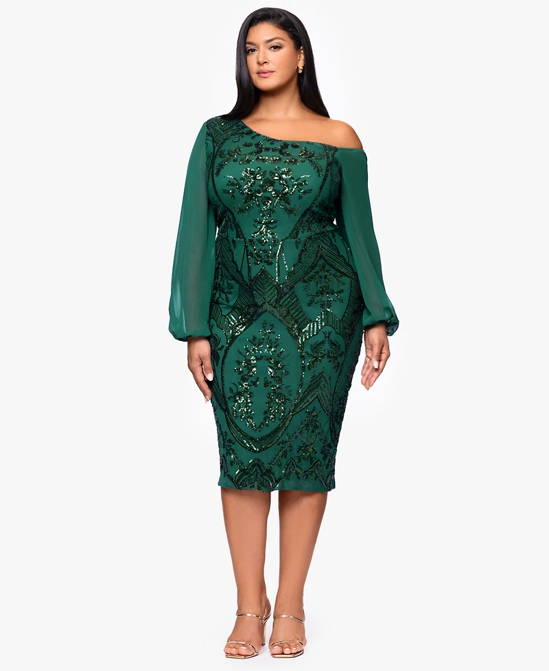 B&A By Betsy and Adam Plus Sequin Detail Long Sleeves Dress