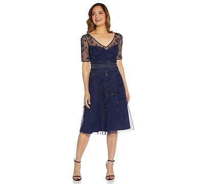 Adrianna Papell Women's Beaded V-Neck Midi Dress
