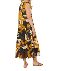 Yumi Women's Cotton Leaf Midi Sleeveless Shirt Dress