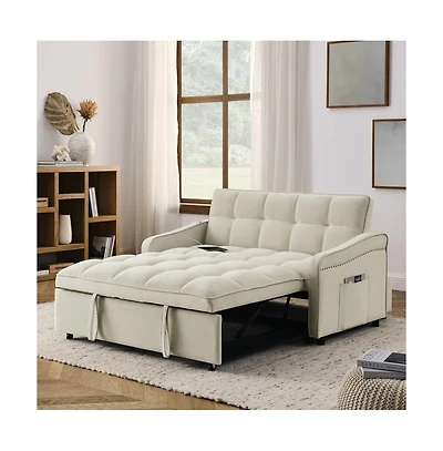 Velvet Loveseat Sleeper Sofa Bed with Usb & Type-c Charging, Adjustable Backrest, Pull-Out for Small Spaces-Maison Boucle