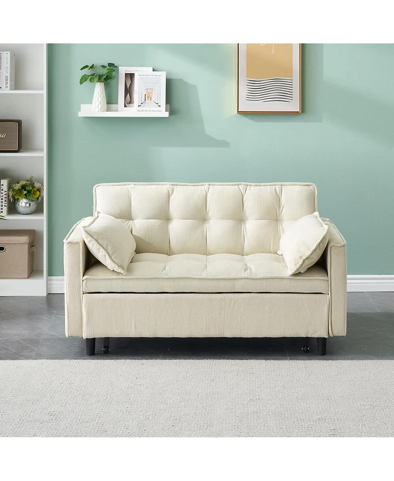 Maison Boucle Corduroy Loveseat Sofa Bed with Adjustable Backrest, Pull-Out Tufted Sleeper Couch for Small Spaces, Dorms, Apartments-Maison