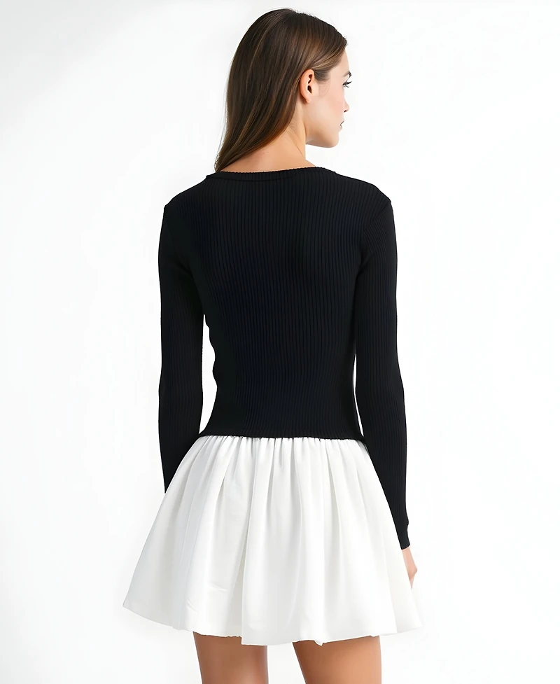 Modenaire Women's Ribbed Long-Sleeve Fit-and-Flare Mini Dress