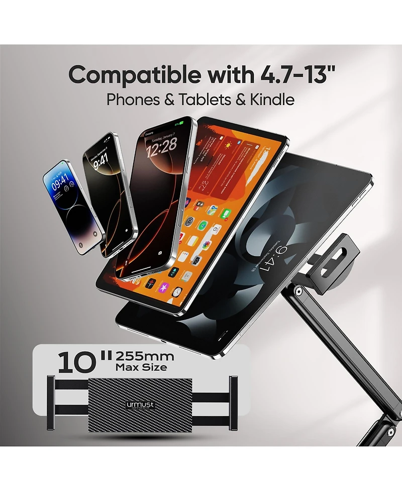 Urmust Tablet Stand for Desk, Adjustable iPad Holder Clamp Mount, 360° Rotation, Sturdy Aluminum Tablet Arm Mount for 4.7"-13" Device