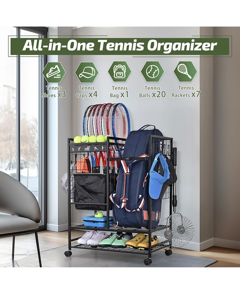 Mythinglogic Tennis Rack Organizer: All-in-One Storage for Bags, Balls, Rackets & Gear