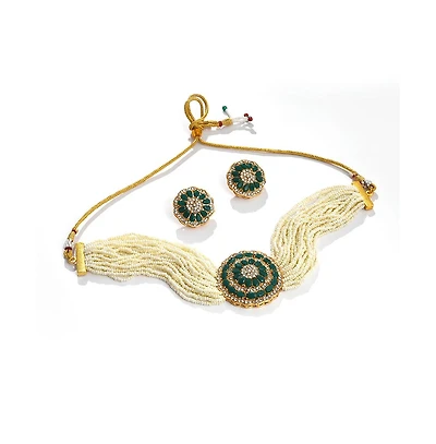 Sohi Women's Green Stone Beaded Necklace And Earrings (Set Of 2)