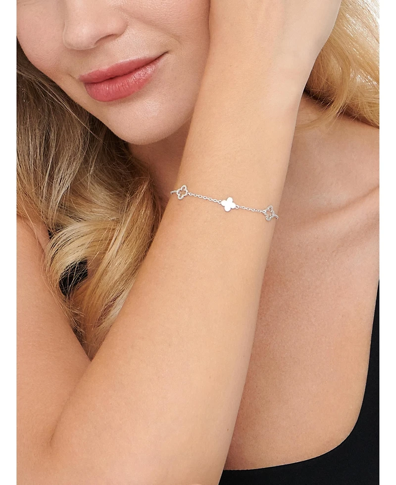Devata Clover Chain Bracelet in Rhodium Plated Sterling Silver, Adj 6.5/7.0/7.5 inch