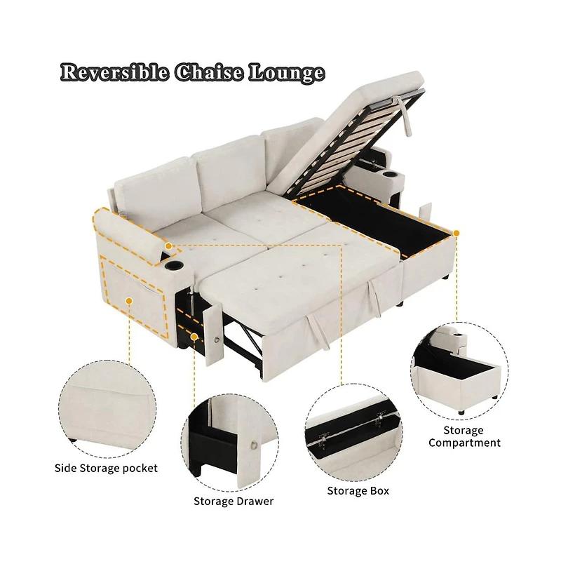 Maison Boucle 83.5'' L-Shaped Sleeper Sofa Bed with Reversible Chaise, Pull-Out Bed, Usb Ports, Cup Holders & Storage Drawers for Living Room