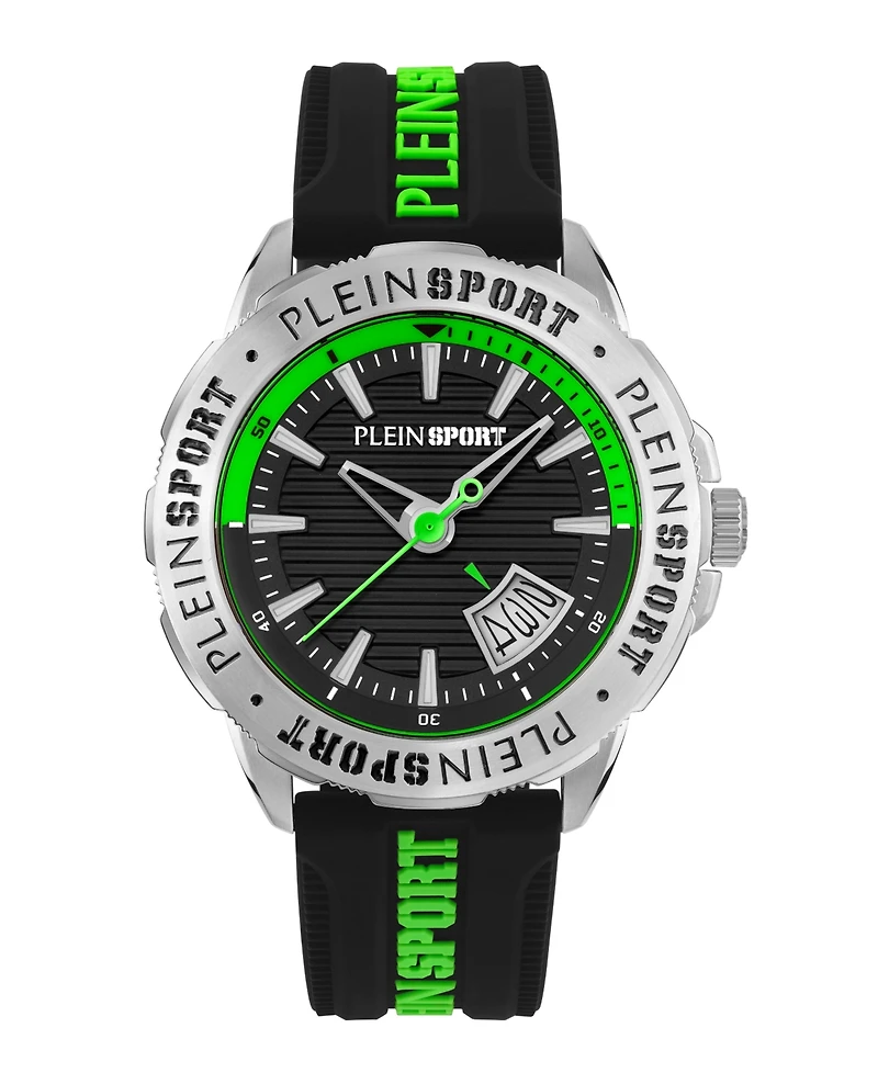 Plein Sport Mens Rampage 3 Hand Date Quartz Black Silicone Strap 44MM