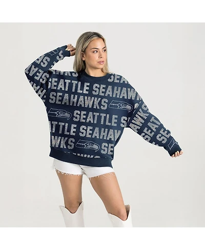 Gameday Couture Women's College Navy Seattle Seahawks Relaxed Drop Shoulder Hype Era Rhinestone Text Sweatshirt