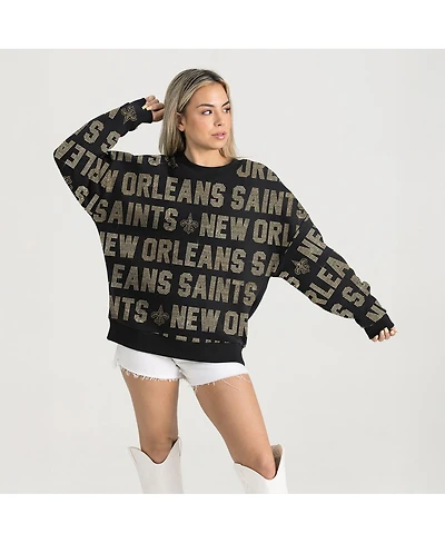Gameday Couture Women's Black New Orleans Saints Relaxed Drop Shoulder Hype Era Rhinestone Text Sweatshirt