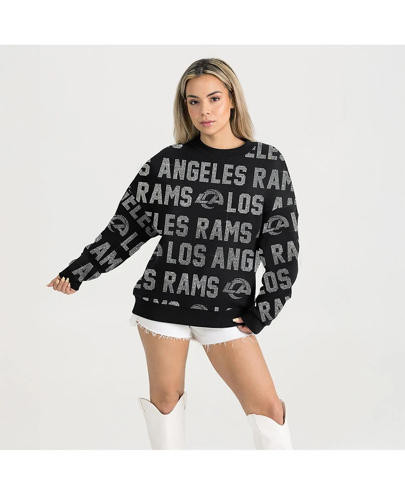 Gameday Couture Women's Black Los Angeles Rams Relaxed Drop Shoulder Hype Era Rhinestone Text Sweatshirt