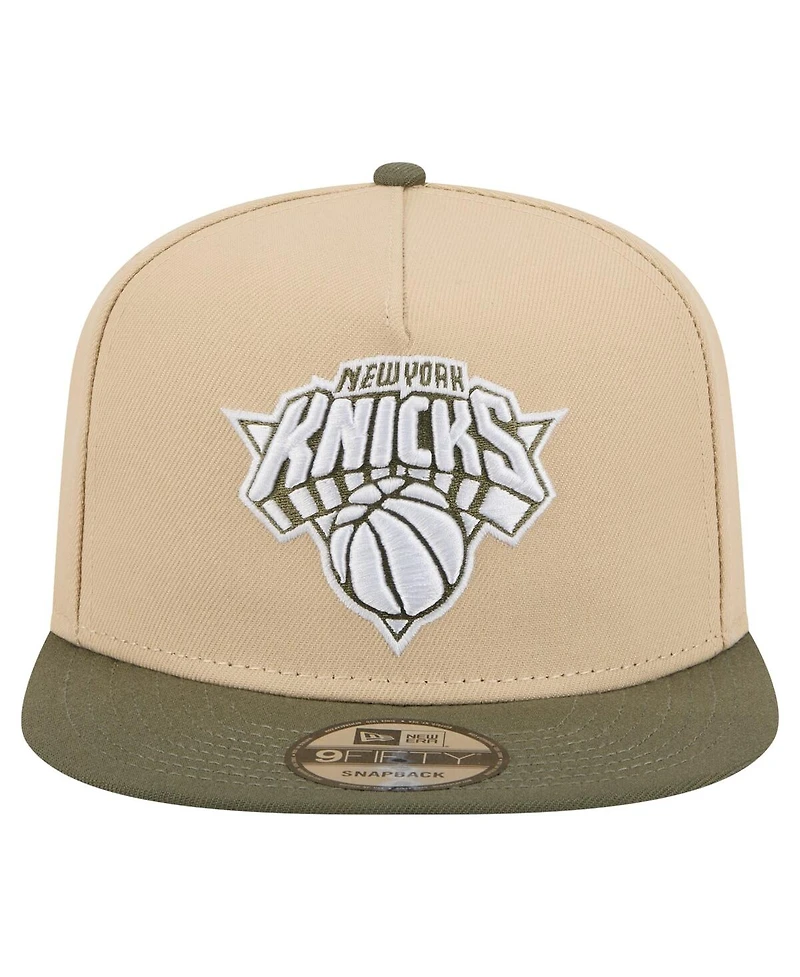 New Era Men's Khaki/Olive New York Knicks Color Pack Two-Tone A-Frame 9FIFTY Snapback Hat