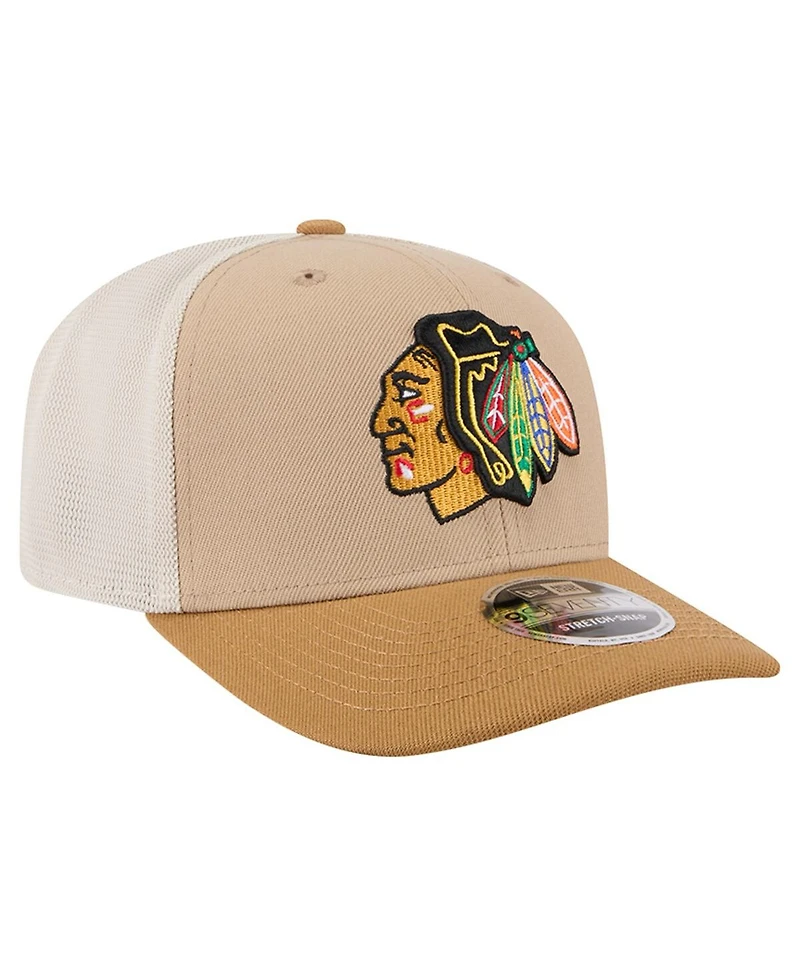 New Era Men's Tan/Light Brown Chicago Blackhawks Two-Tone Trucker 9SEVENTY Stretch Snap Adjustable Hat