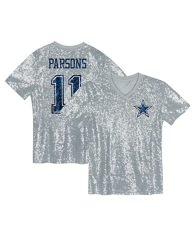 Outerstuff Big Girls Micah Parsons Silver Dallas Cowboys Sequin V-Neck Fashion Jersey