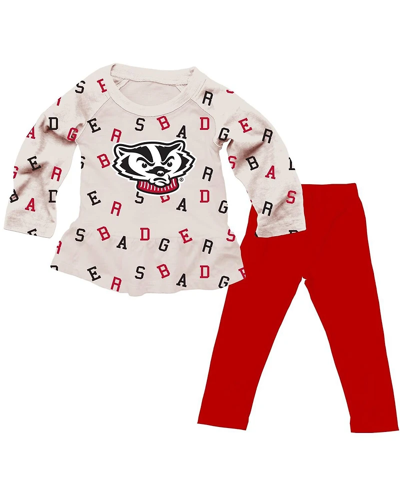 Wes & Willy Girls Toddler 2-Piece Oatmeal Wisconsin Badgers Ruffle Raglan Long Sleeve T-Shirt and Leggings Set