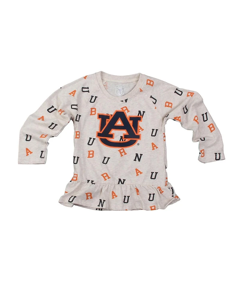Wes & Willy Girls Toddler 2-Piece Oatmeal Auburn Tigers Ruffle Raglan Long Sleeve T-Shirt and Leggings Set