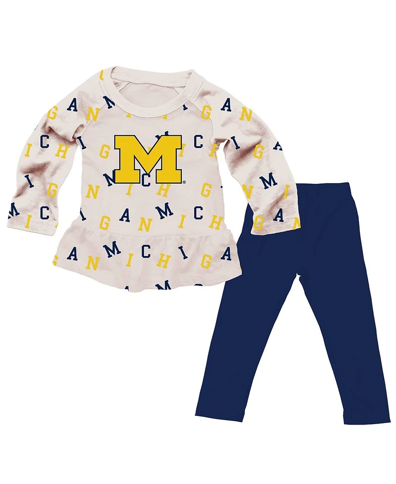 Wes & Willy Girls Toddler 2-Piece Oatmeal Michigan Wolverines Ruffle Raglan Long Sleeve T-Shirt and Leggings Set