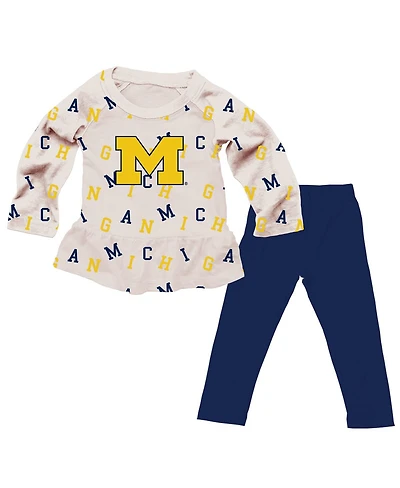 Wes & Willy Girls Toddler 2-Piece Oatmeal Michigan Wolverines Ruffle Raglan Long Sleeve T-Shirt and Leggings Set