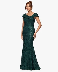 Xscape Petite Long Lace Asymmetrical Neck Dress