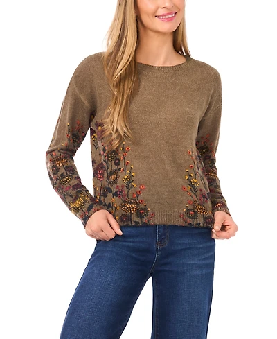 CeCe Women's Floral Print Crewneck Sweater