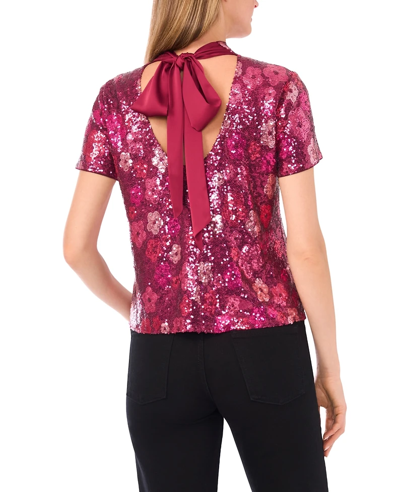 CeCe Women's Short Sleeves Mock Neck Sequin Top