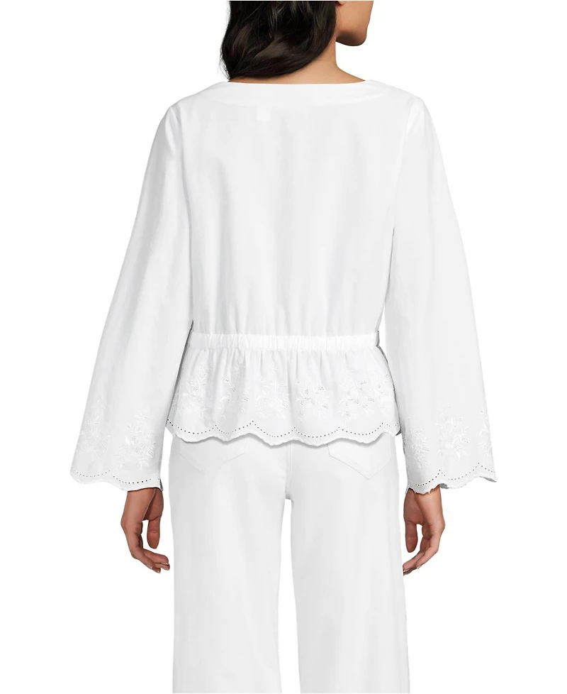 Lands' End Women's Embroidered Poplin Long Sleeve Blouse