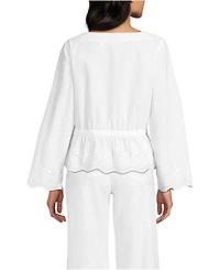 Lands' End Women's Embroidered Poplin Long Sleeve Blouse