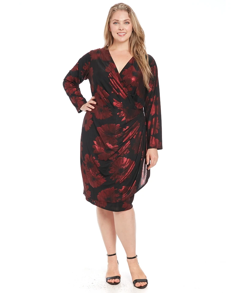 London Times Plus Foil-Flower Faux-Wrap Sheath Dress
