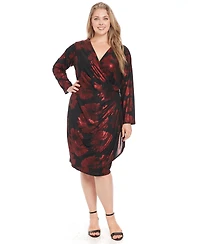 London Times Plus Foil-Flower Faux-Wrap Sheath Dress