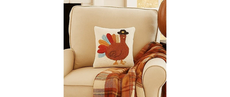 Colorful Turkey Tail Pilgrim Hat Hooked Mini Thanksgiving Accent Pillow 10" x 10"