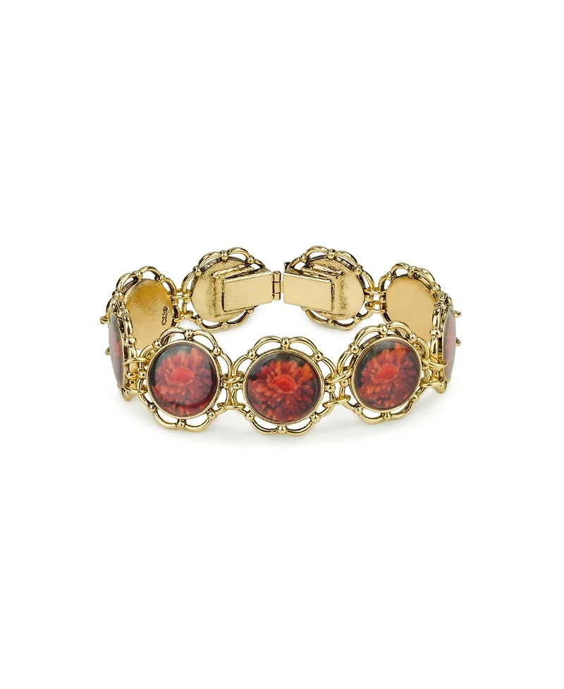 Patricia Nash Acrylic Ruby European Floral Tapestry Antique-Like Gold-Tone Box Clasp Link Bracelet
