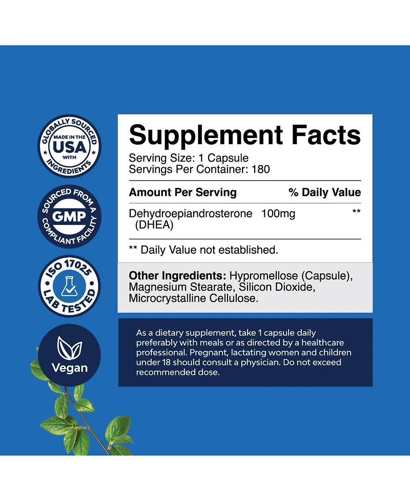 Nature's Craft Dhea 100mg for Men and Women | High Strength Supplement for Enhanced Energy and Balanced Hormone | 180ct