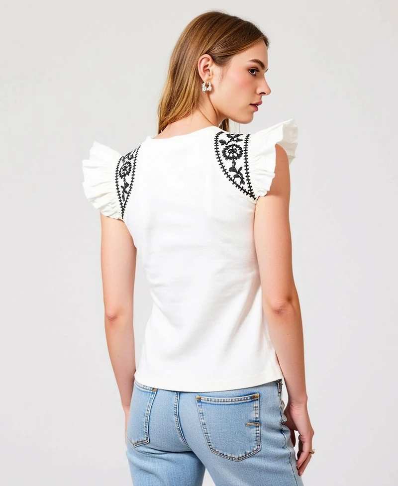 Modenaire Women's Ruffled Cap Sleeve Embroidered Knit Top