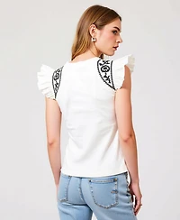 Modenaire Women's Ruffled Cap Sleeve Embroidered Knit Top
