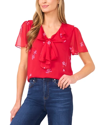 CeCe Women's Short Sleeves Ruffle Tie-Front Top