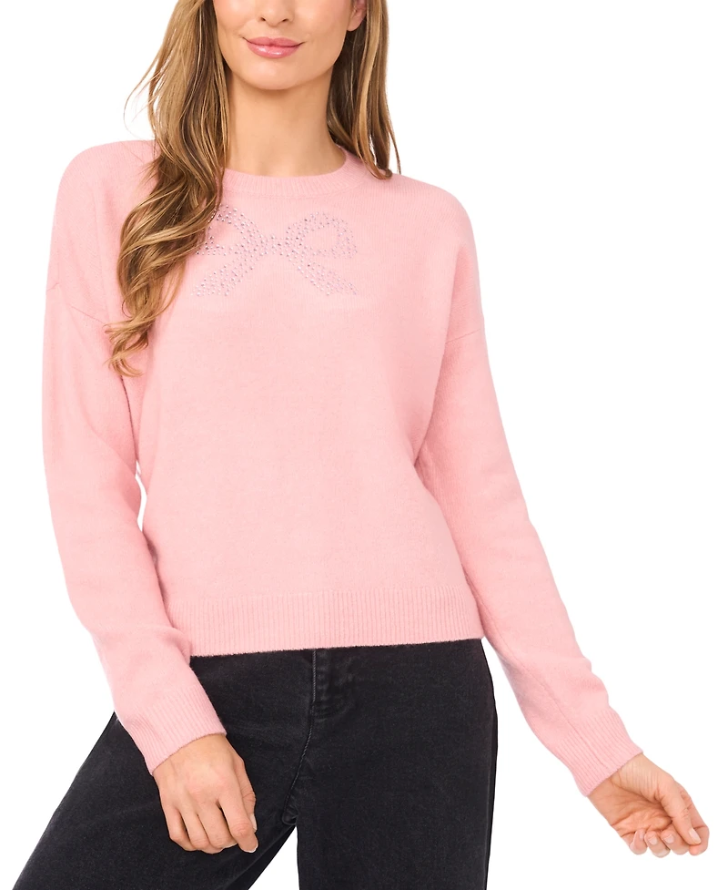 CeCe Women's Sequin Bow Long Sleeves Sweater