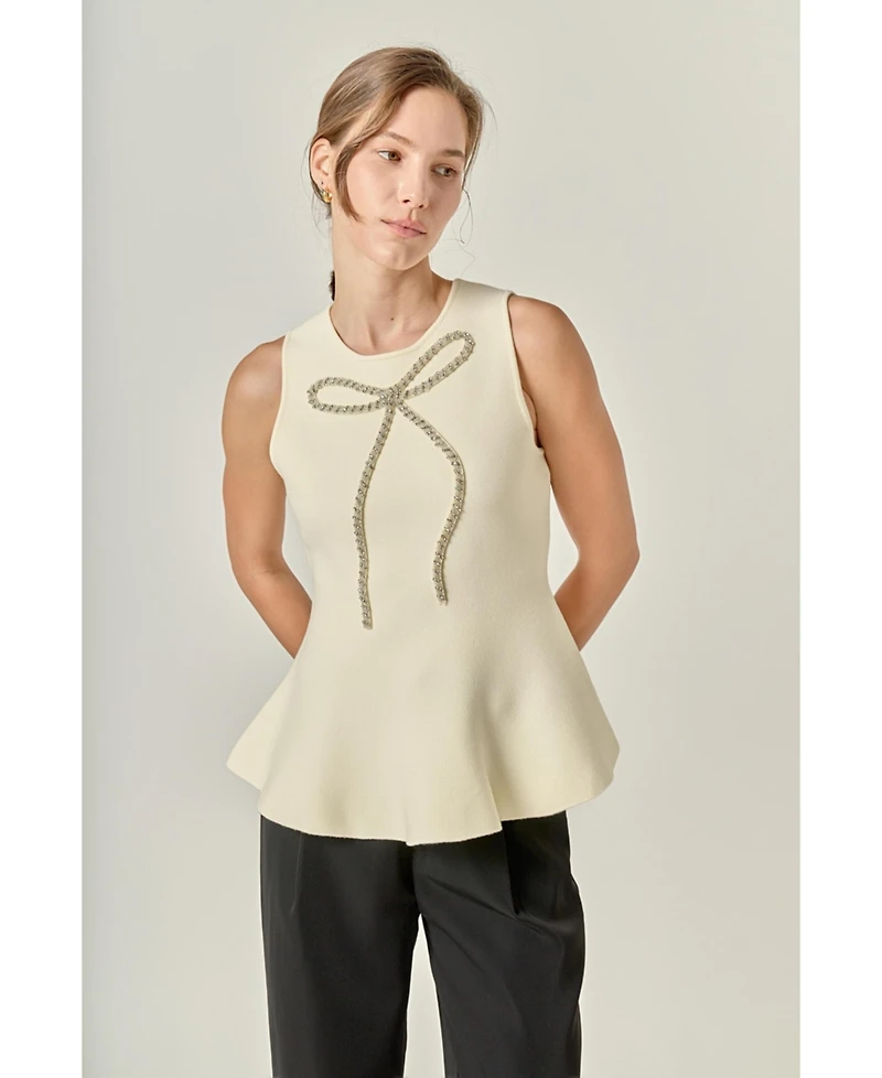 English Factory Women's Peplum Bow Embelisshed Top