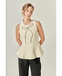 English Factory Women's Peplum Bow Embelisshed Top