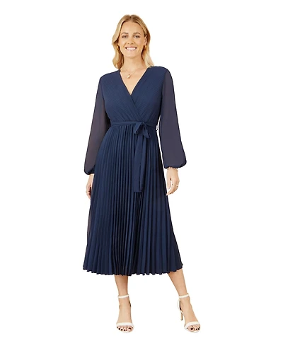 Yumi Women's Long Sleeved Pleated Midi Wrap Dress